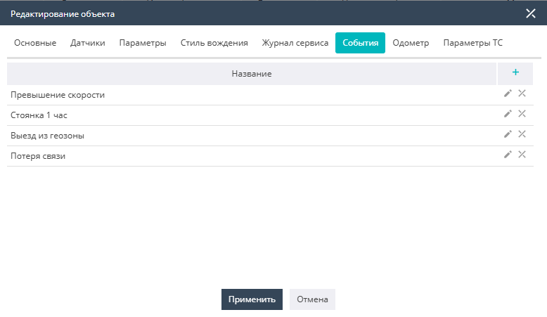 Вкладка «События»
